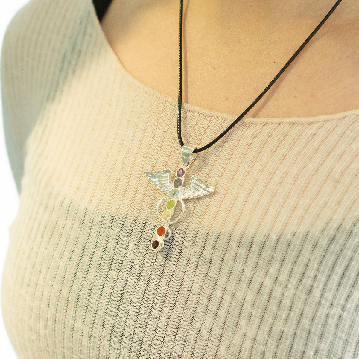 Angel chakra necklace being worn
