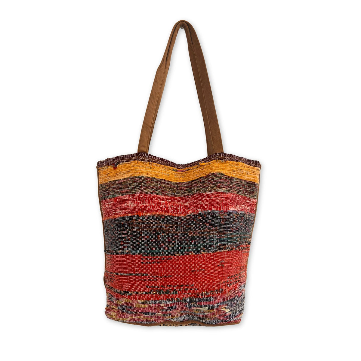 Colourful recycled rug shoulder bag with brown handles
