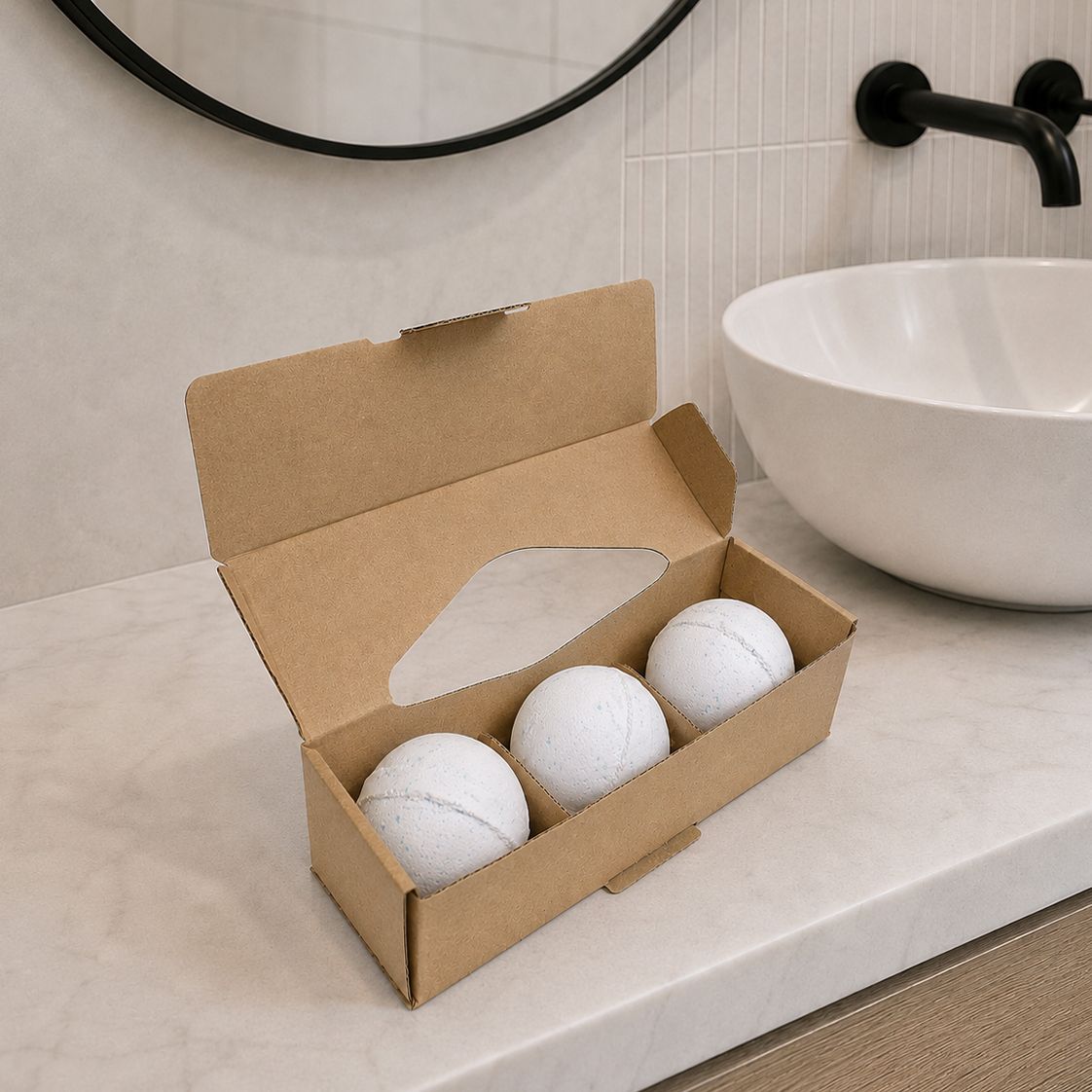 1. Sleepy Head Bath Bomb gift set displayed beside bathroom sink