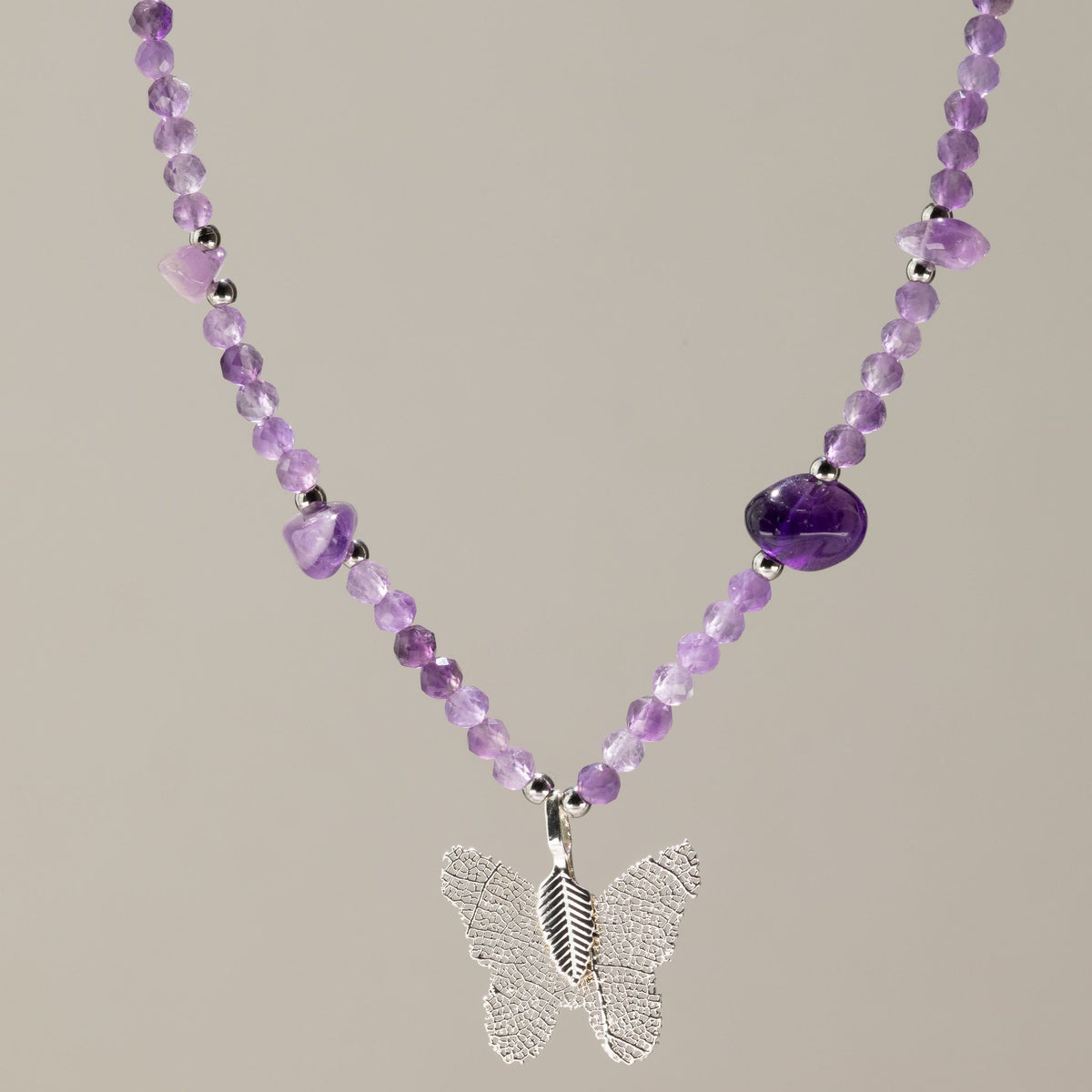 Nymph amethyst gemstone necklace with silver-plated real leaf butterfly pendant