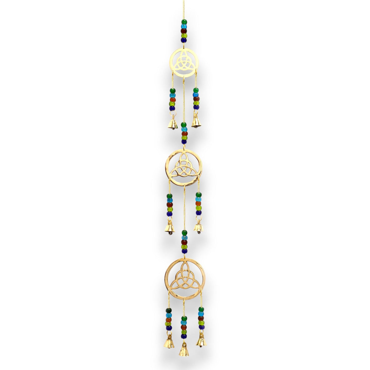 Celtic knot brass wind chimes with seven bells and colourful beads