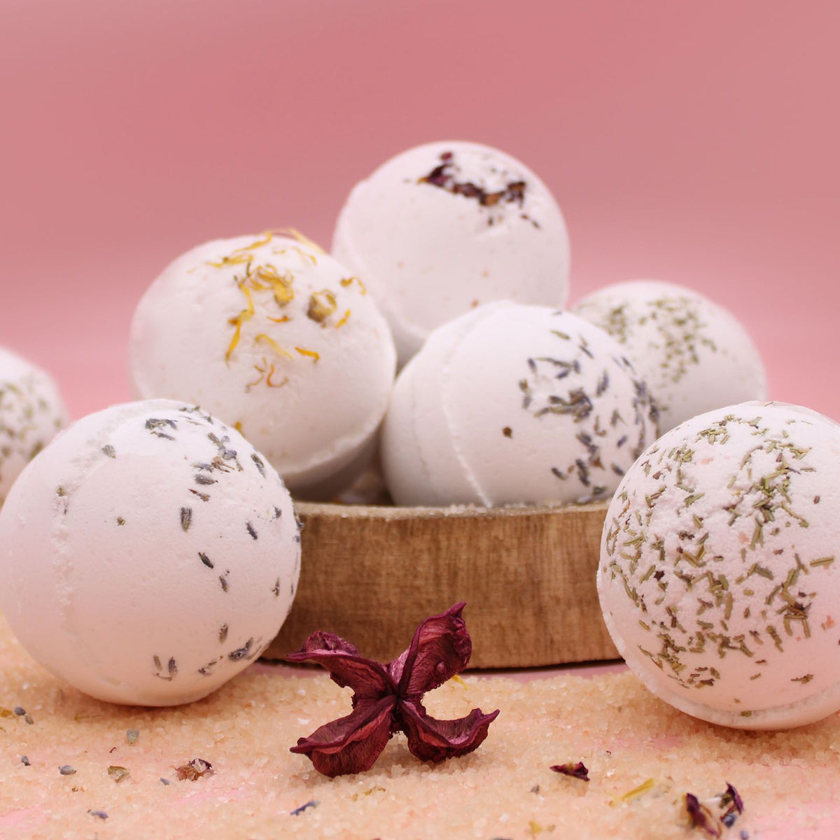 Assorted handmade botanical bath bombs