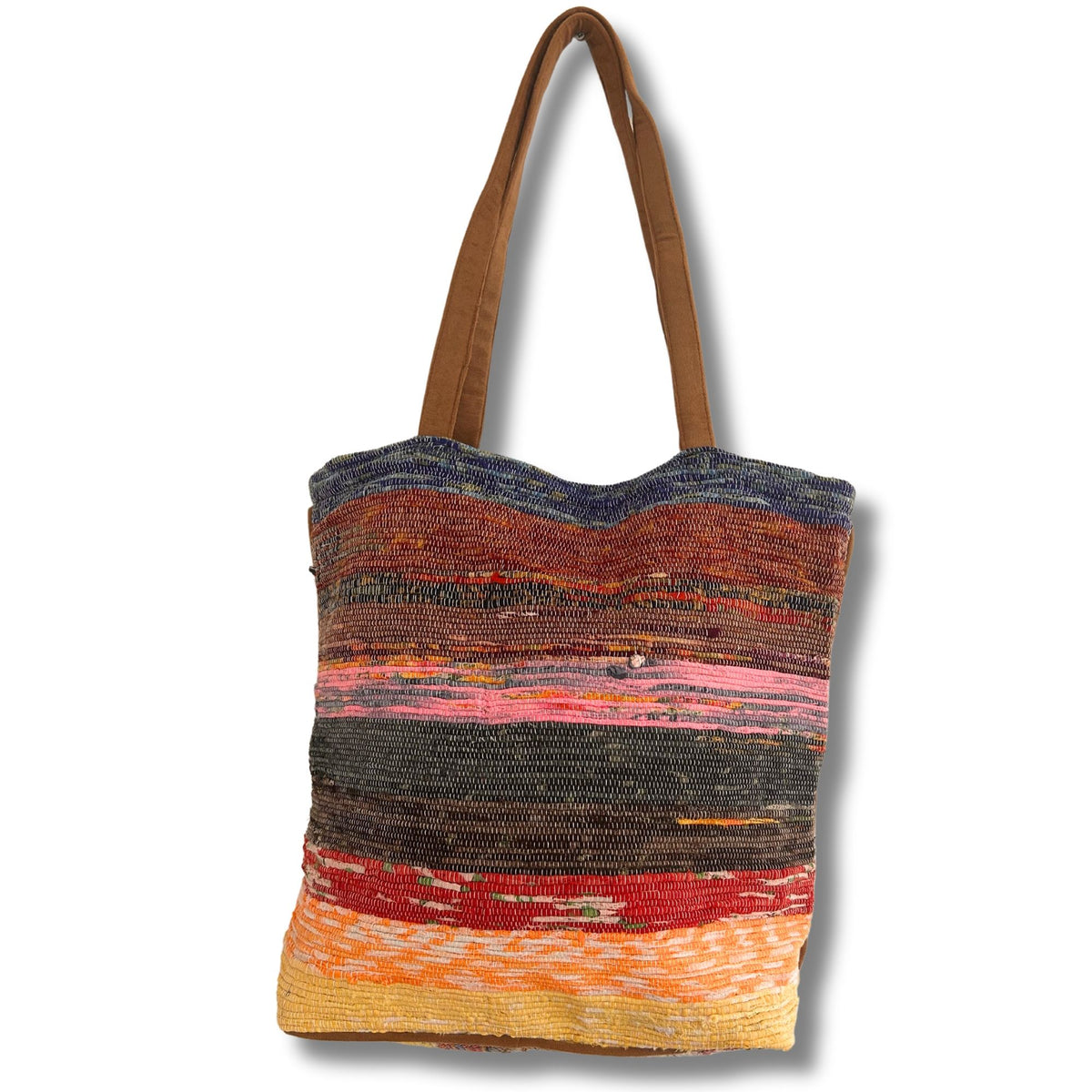 Recycled large rug shoulder bag in colourful lavender and orange tones
