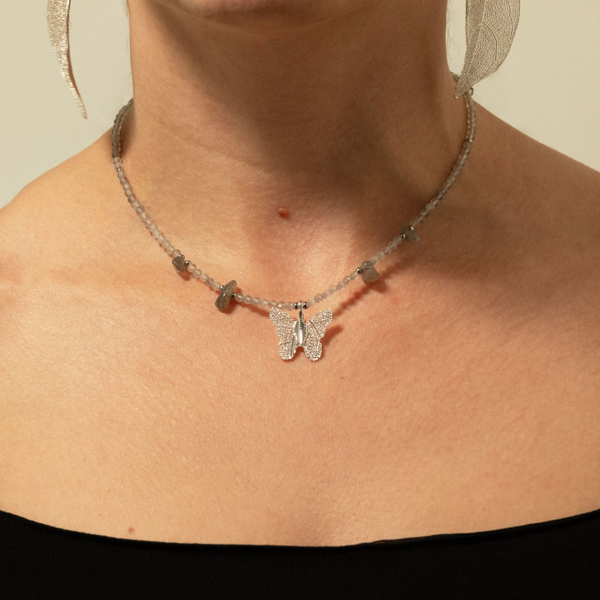 1. Nymph Labradorite gemstone necklace worn around the neck