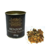 Black container of benzoin incense resin with gold text on a white background