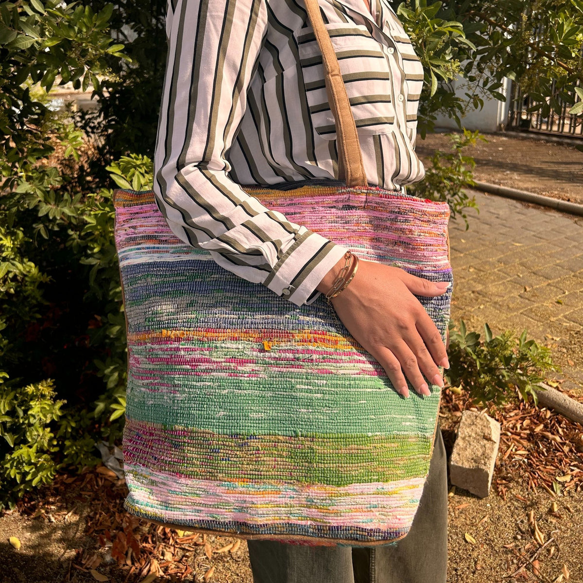 Recycled Shades of Dusk woven shoulder bag being worn