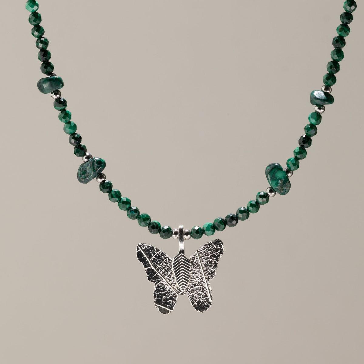 Nymph Malachite gemstone necklace with silver-plated real leaf butterfly pendant