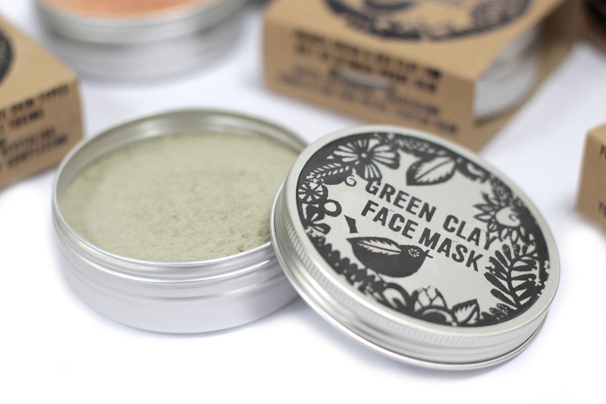 Open Agnes + Cat Green Clay Face Mask showing natural green clay powder