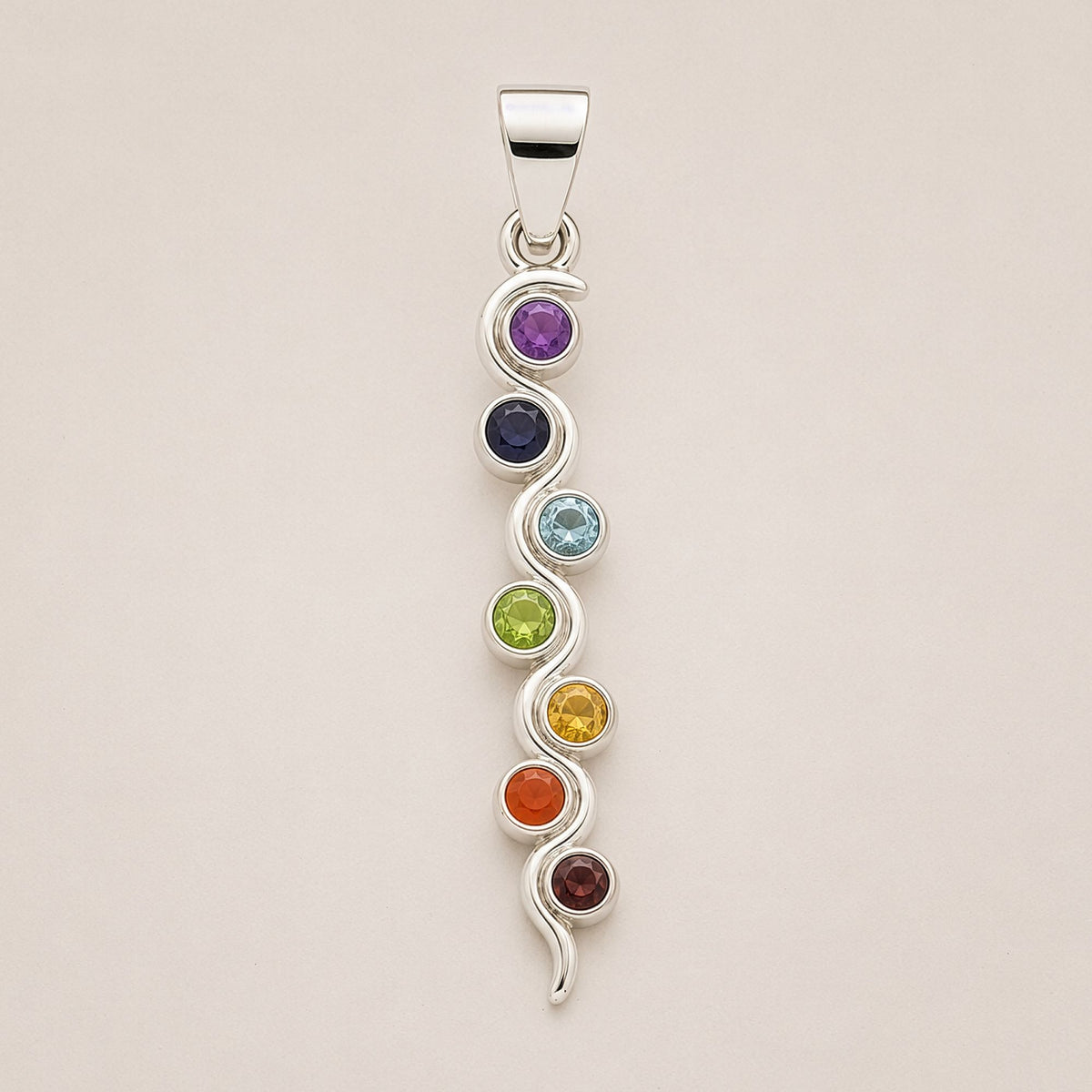 Silver-plated serpent pendant with seven chakra-coloured stones