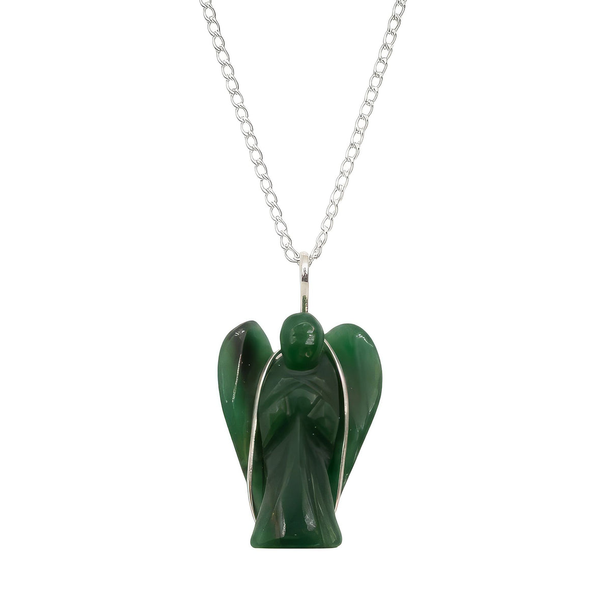 Green Aventurine guardian angel pendant necklace with silver-plated chain