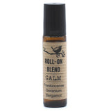 Roll-on blend labeled 'Calm' with ingredients on a white background