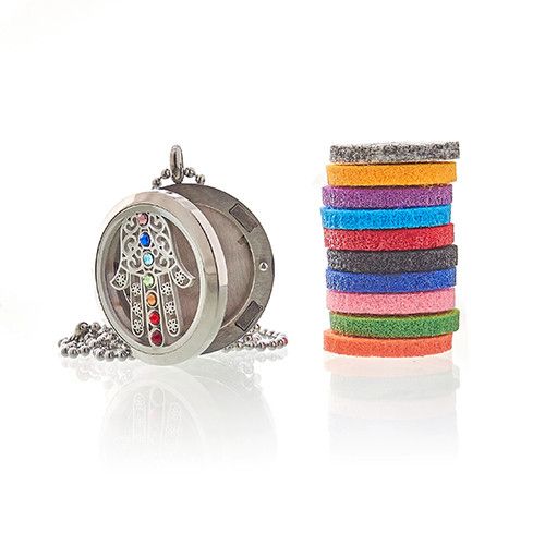 Hamsa diffuser necklace with coloured reusable pads