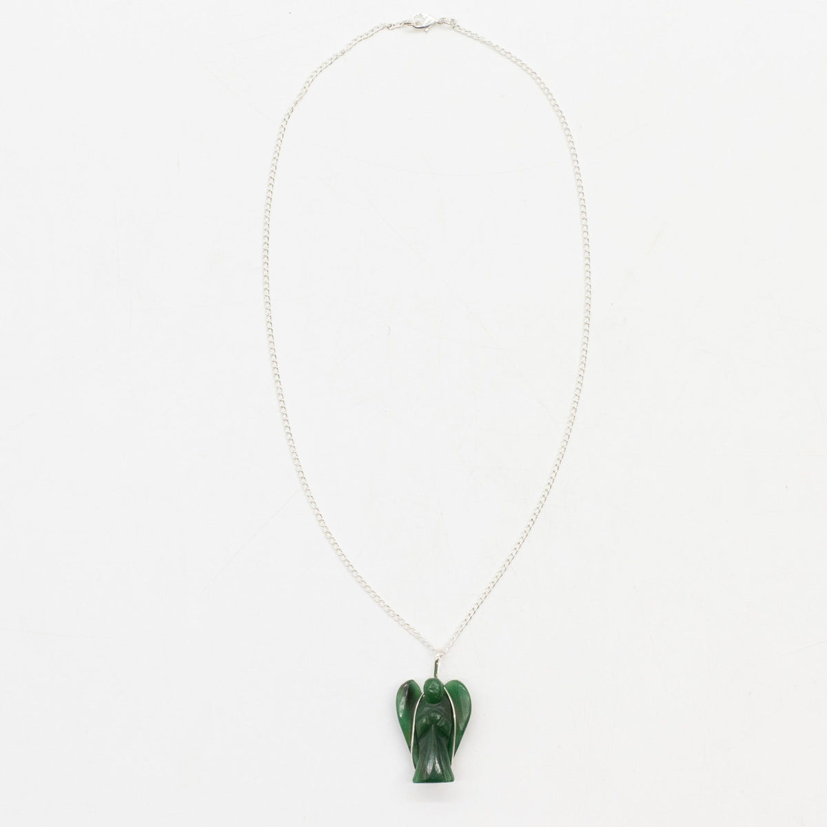 Full-length silver-plated necklace with Green Aventurine angel pendant