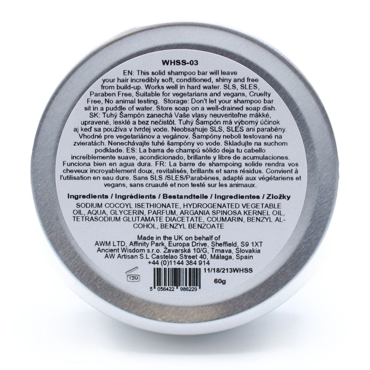Back label of Wild Hare Hairy Coconut shampoo bar