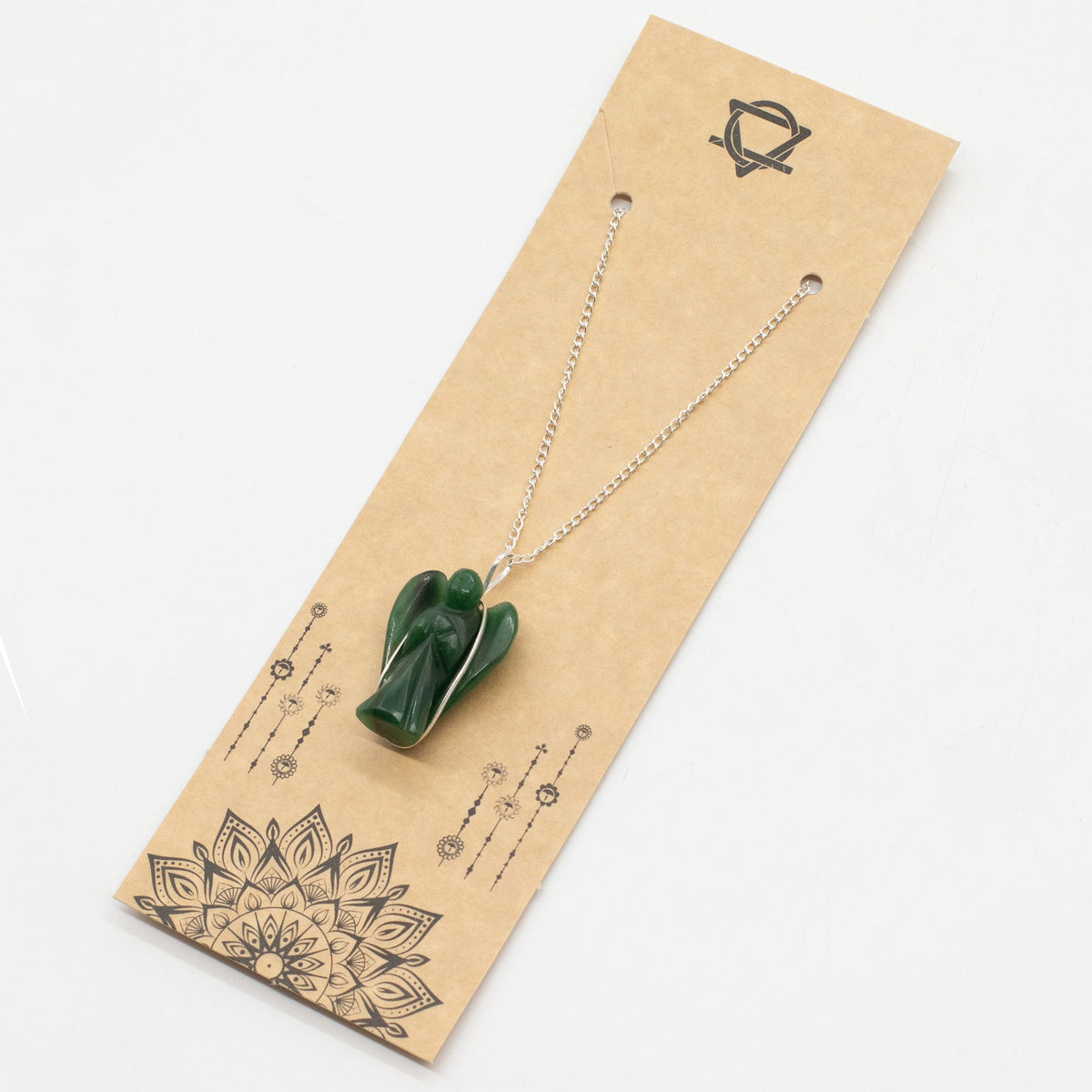 Green Aventurine guardian angel necklace on display card