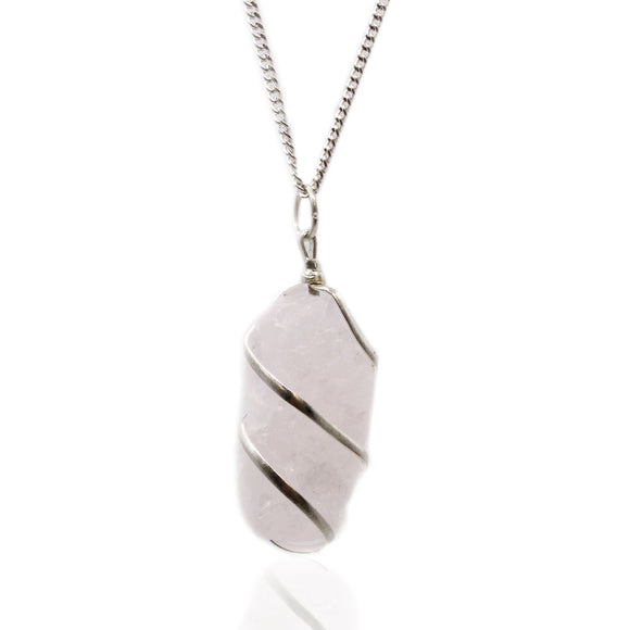 Cascade Wrapped Crystal Necklace - Rough Rose Quartz