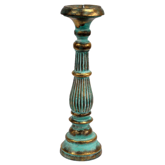 Turquoise & Gold Wooden Candlestick (Large)