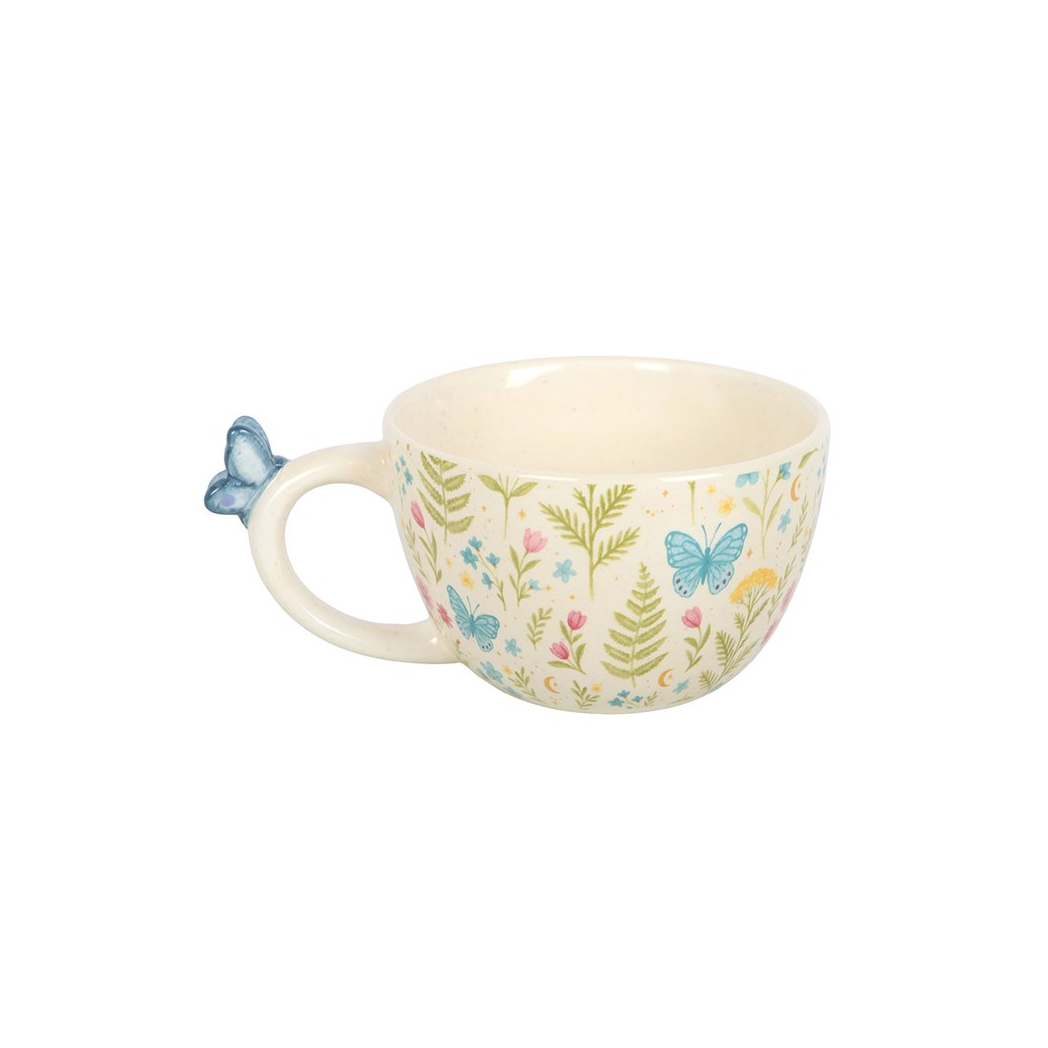 Luna Bloom ceramic mug with floral design and butterfly handle