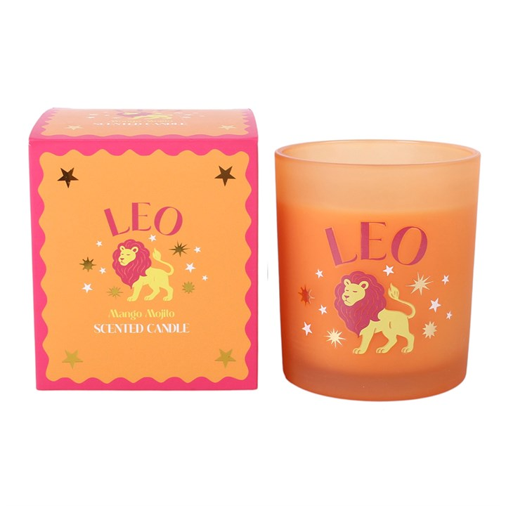 Leo zodiac candle in orange glass holder with packaging