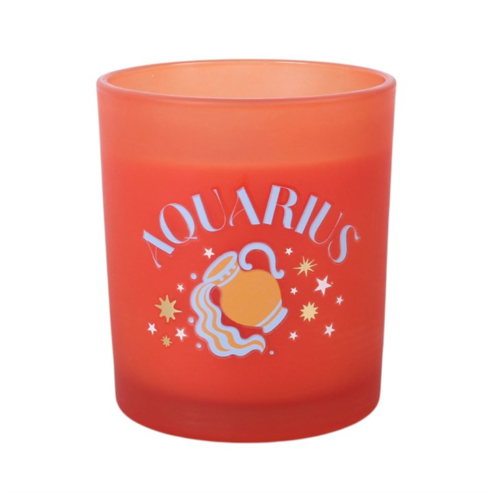 Front view of Aquarius candle with water bearer symbol and celestial design