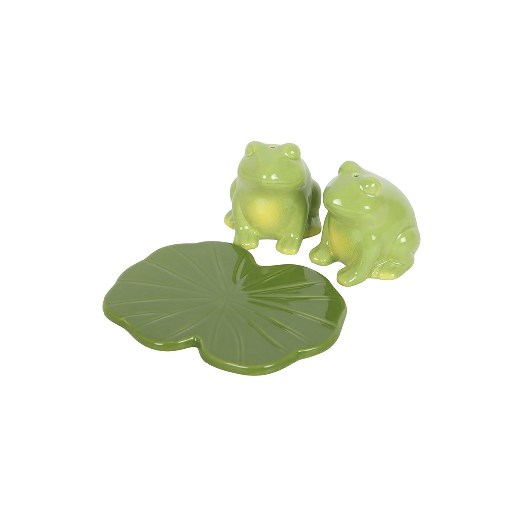 Green ceramic frog salt and pepper shakers with lily pad