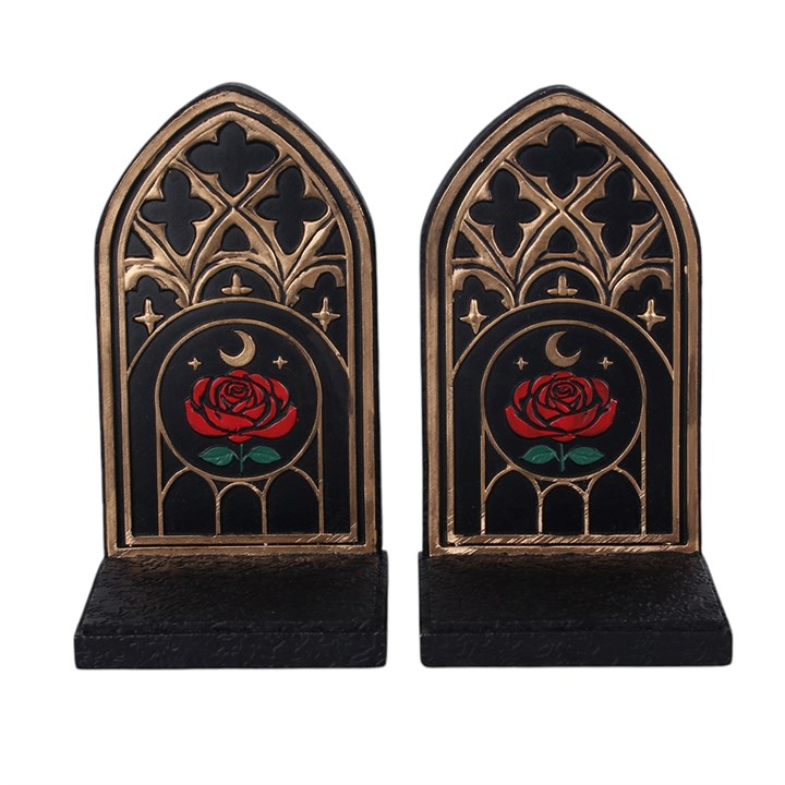 Matching gothic cathedral arch bookends with red rose designs