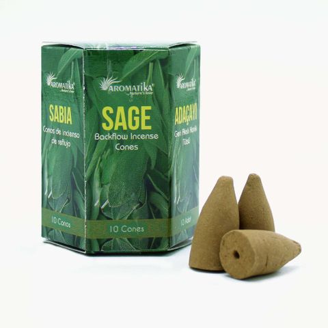Incense cones beside a green box, with the words "Aromatika sage backflow incense cones".