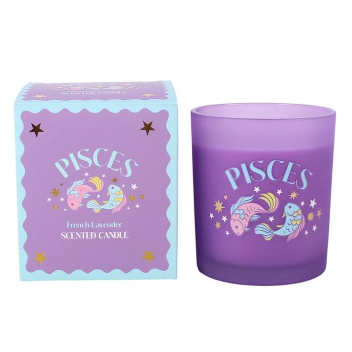 Pisces French lavender candle showing colourful fish and celestial design