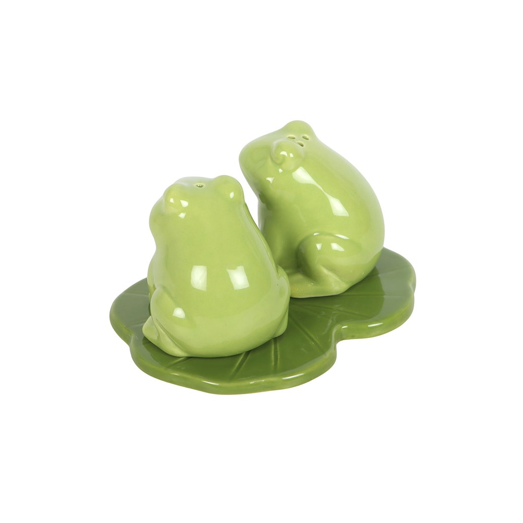 Green ceramic frog salt and pepper shakers on lily pad rear view