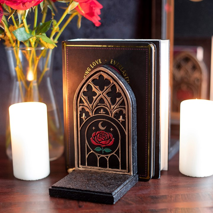 Gothic Rose Cathedral Arch Bookend displayed with books