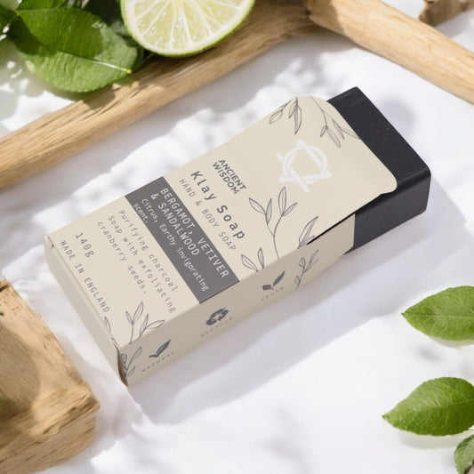Klay Soap packaging with natural elements on a light background