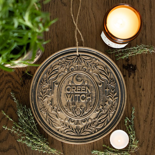 Green Witch bronze effect terracotta hanging plaque
