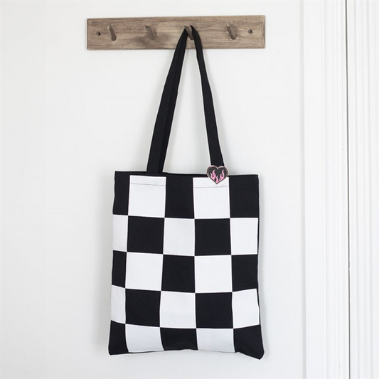 Checkerboard Tote Bag & Heart Pin Badge