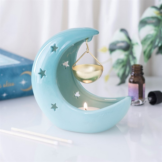 Blue crescent moon hanging oil burner with gold dish