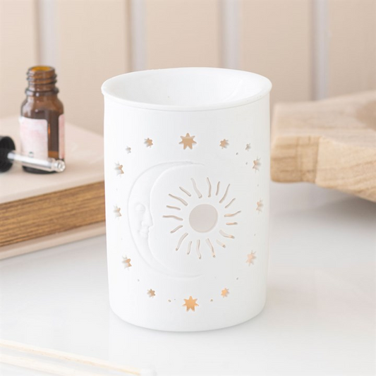 White sun and moon ceramic oil burner and wax warmer