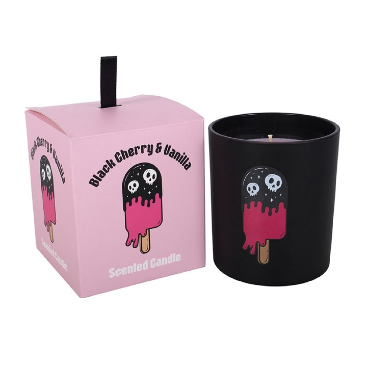 Black cherry and vanilla scented candle with pink packaging featuring ice cream graphics on a white background.