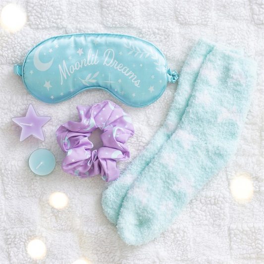 Pastel Skies celestial self care gift set with socks eye mask scrunchie and tealights