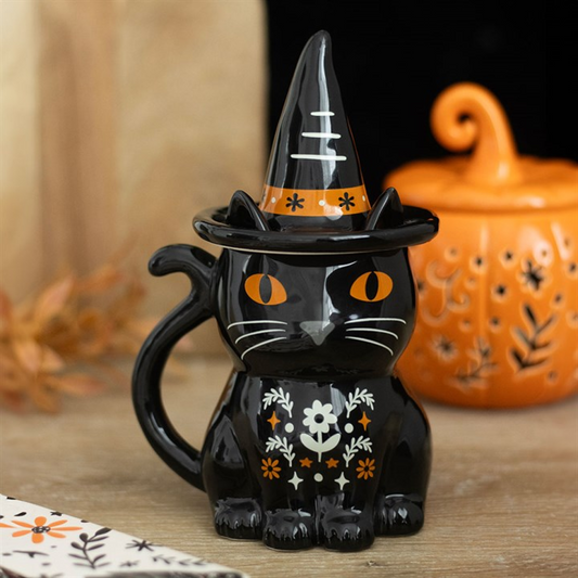 Frightful Folk black cat lidded mug with witch's hat