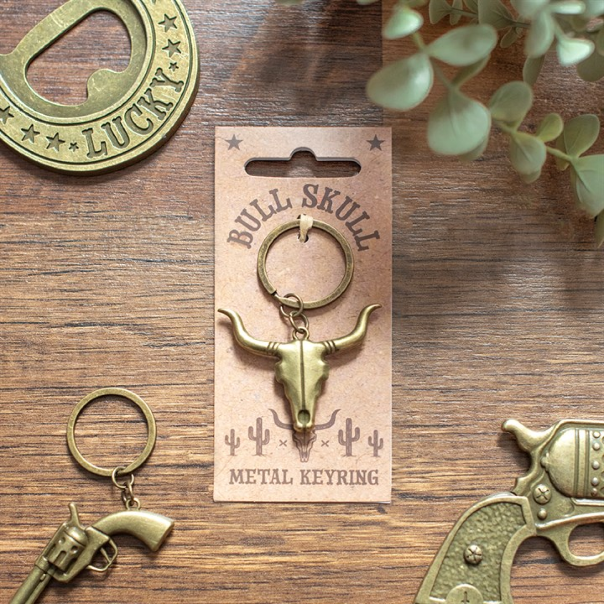 Bull Skull Keyring with Western-themed packaging