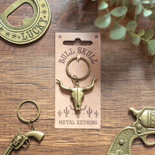 Bull Skull Keyring with Western-themed packaging
