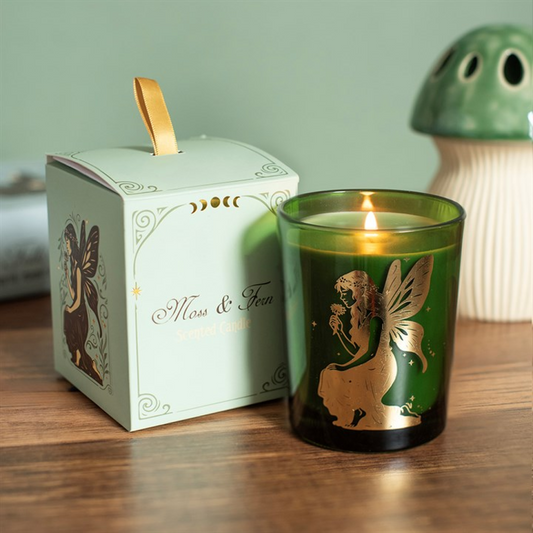 Stardust Fairy Moss and Fern scented candle lit beside gift box