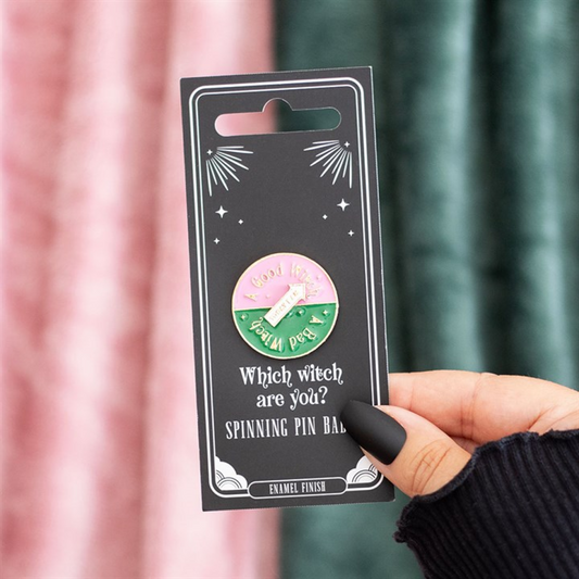 Which Witch Are You spinning pin badge in packaging