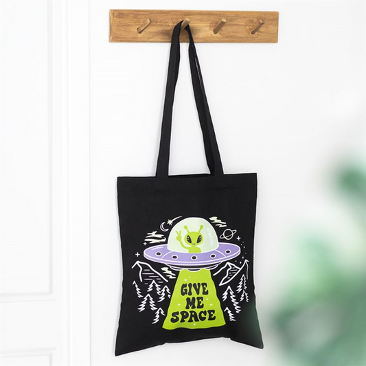 Black Give Me Space alien UFO tote bag with green alien design
