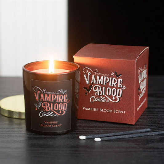 Vampire Blood scented candle in black glass jar