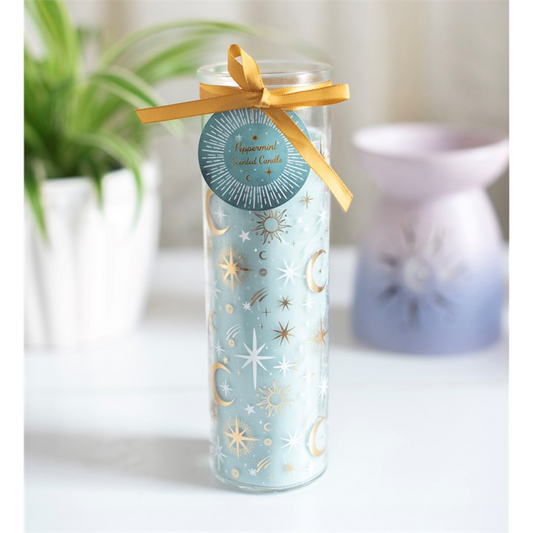 Blue Pastel Skies peppermint tube candle with celestial design