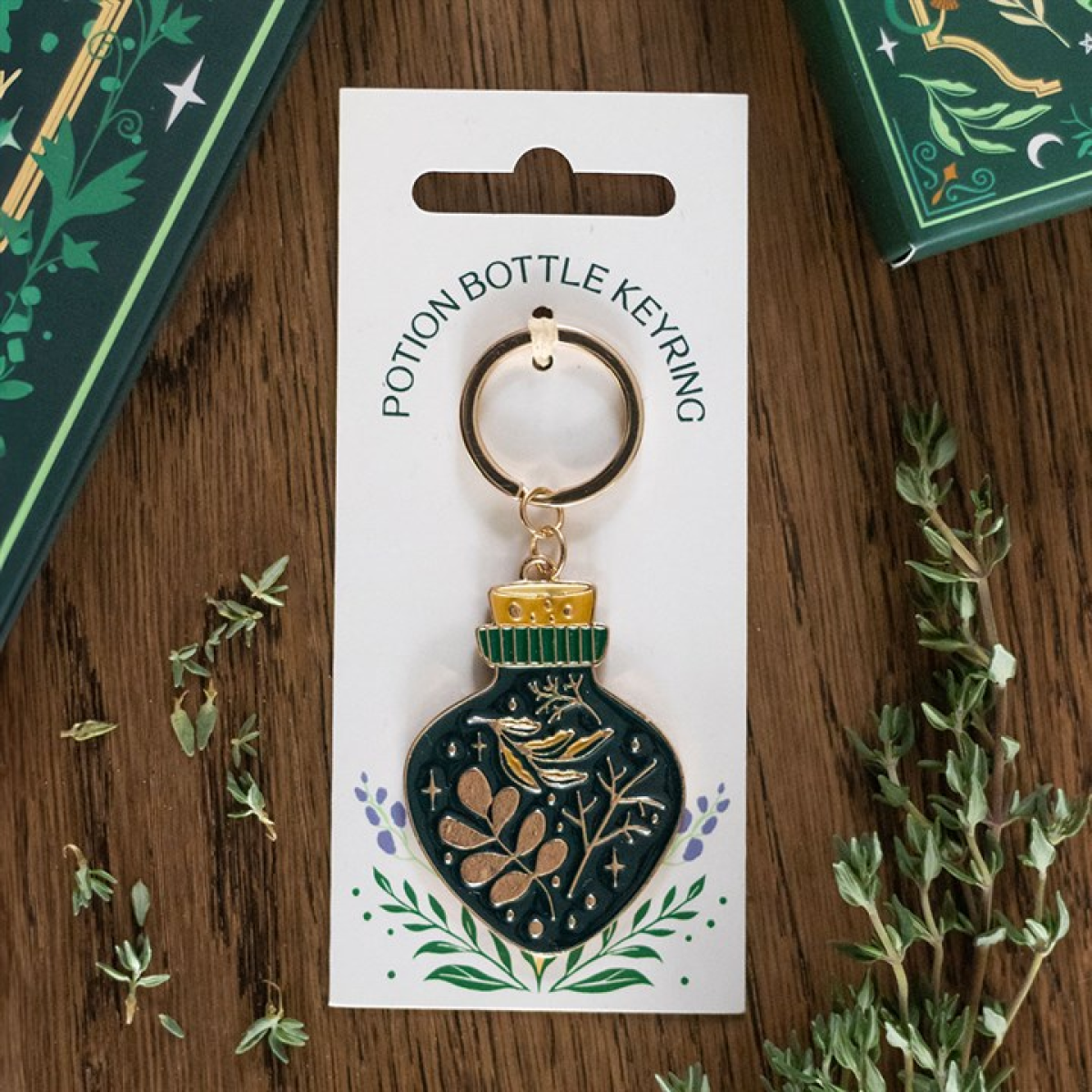 Green Witch potion bottle keyring in gift packaging