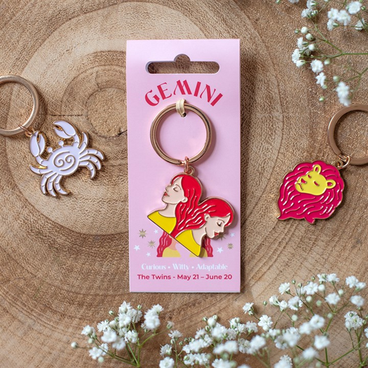 Gemini Zodiac Zest keyring with colourful twins design