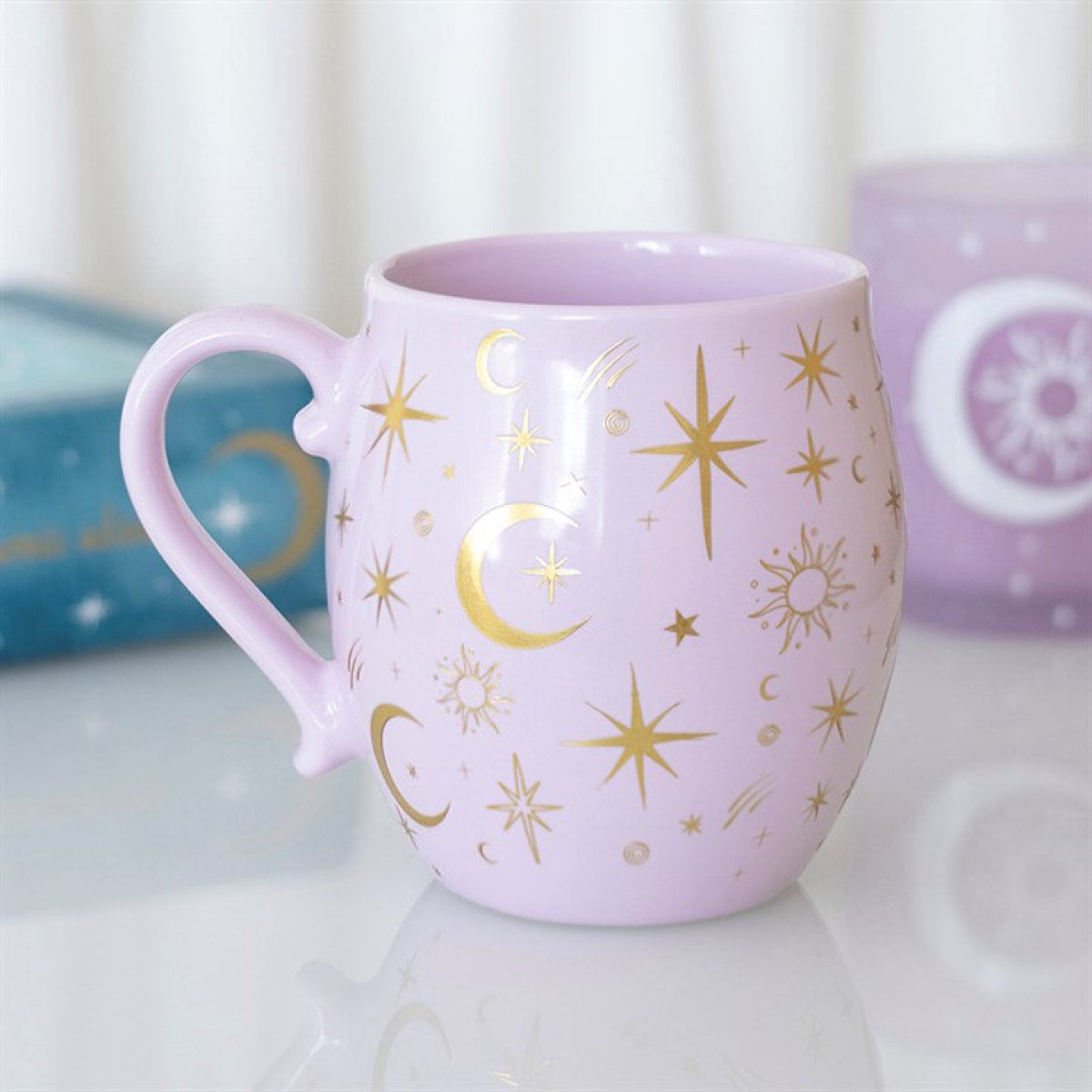 Purple Pastel Skies celestial mug with gold moons suns and stars