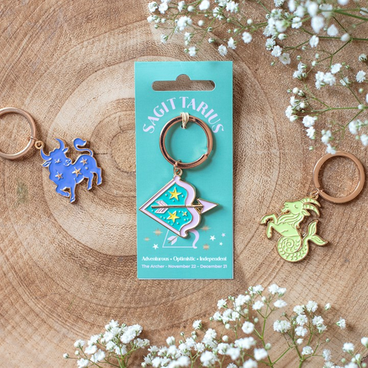 Zodiac Zest Sagittarius keyring with celestial bow and arrow design