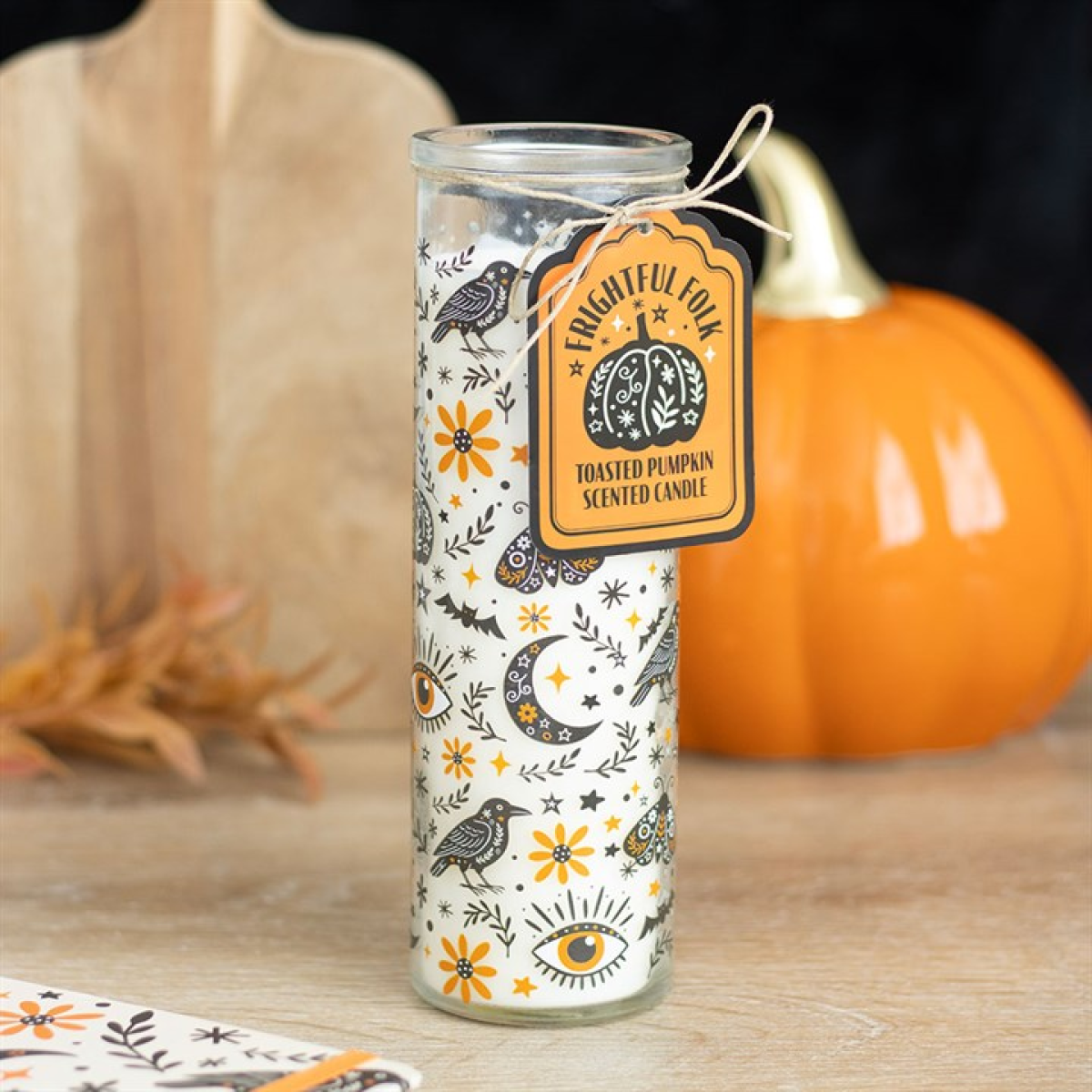 Frightful Folk Toasted Pumpkin scented tube candle with autumn folk print